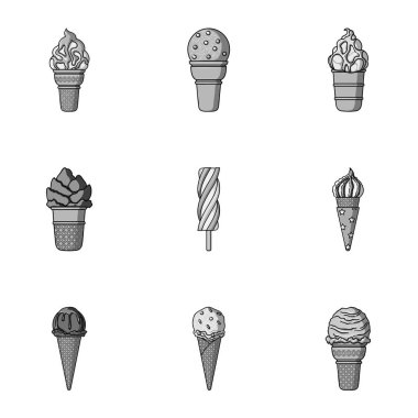 Yaz tatlılar dondurma. Buz, meyve, süt. Buz creamicon tek renkli stil vektör simge stok çizim üzerinde set koleksiyonu.
