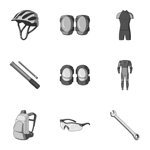 Ikonen des Radfahrens, des Fahrrads. Set für Fahrrad, Rucksackschutz, Reparatur, Form. Radfahrer-Outfit-Ikone in Set-Kollektion auf monochromen Vektor-Symbolen. — Stockvektor
