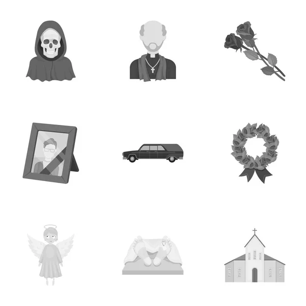 Beerdigungszeremonie, Friedhof, Särge, priest.Beerdigungszeremonie Symbol in Set Sammlung auf monochromen Stil Vektor Symbol Stock Illustration. — Stockvektor