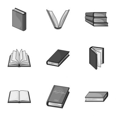 Bir dizi fotoğraf kitap ile. Kitap, defter, çalışmalar. Tek renkli stil vektör simge stok çizim üzerinde küme koleksiyon kitap simgesini.