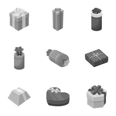 Bir dizi fotoğraf hediyeler. Farklı tatil, sürpriz hediyeler. Hediye paketleme. Hediyeler ve sertifika simge tek renkli Stil kümesi koleksiyonundaki sembol stok illüstrasyon vektör.