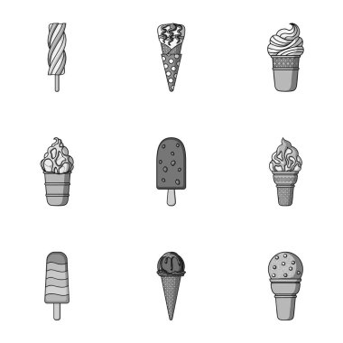 Yaz tatlılar dondurma. Buz, meyve, süt. Buz creamicon tek renkli stil vektör simge stok çizim üzerinde set koleksiyonu.