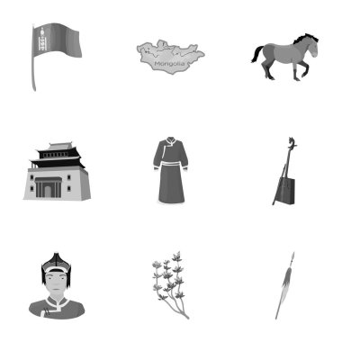 Moğol Ulusal özellikleri. Icons set Mongolia.Clothing, askerler, ekipman hakkında. Tek renkli stil vektör simge stok çizim üzerinde küme koleksiyon simgesinde Moğolistan.