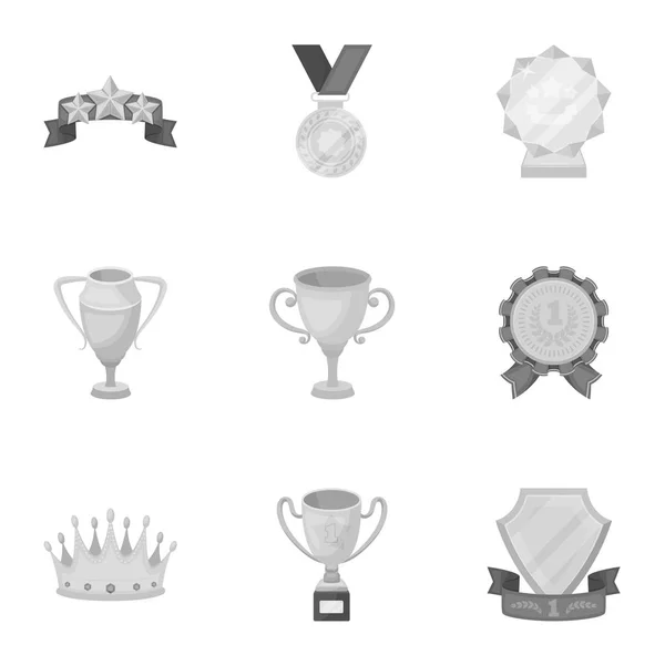 Premios, medallas de oro y copas como premios en concursos y competiciones. Premios y trofeos icono en colección conjunto en el estilo monocromo vector símbolo stock ilustración . — Vector de stock