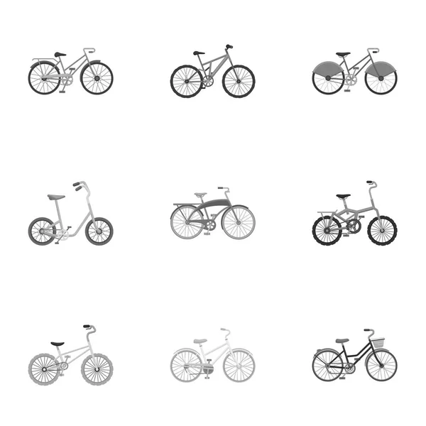 Колекція велосипедів з різними колесами і рамками. Різні велосипеди для спорту і прогулянок. Різні значки велосипеда в наборі колекції на монохромному стилі Векторні символи стокової ілюстрації . — стоковий вектор