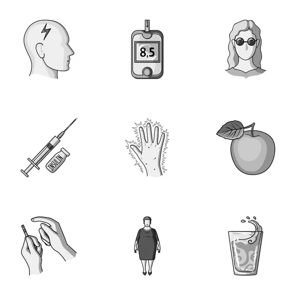 Un conjunto de iconos sobre la diabetes mellitus. Síntomas y tratamiento de  la diabetes. Icono de la diabetes en la colección de conjuntos en el estilo  monocromo vector símbolo stock ilustración .