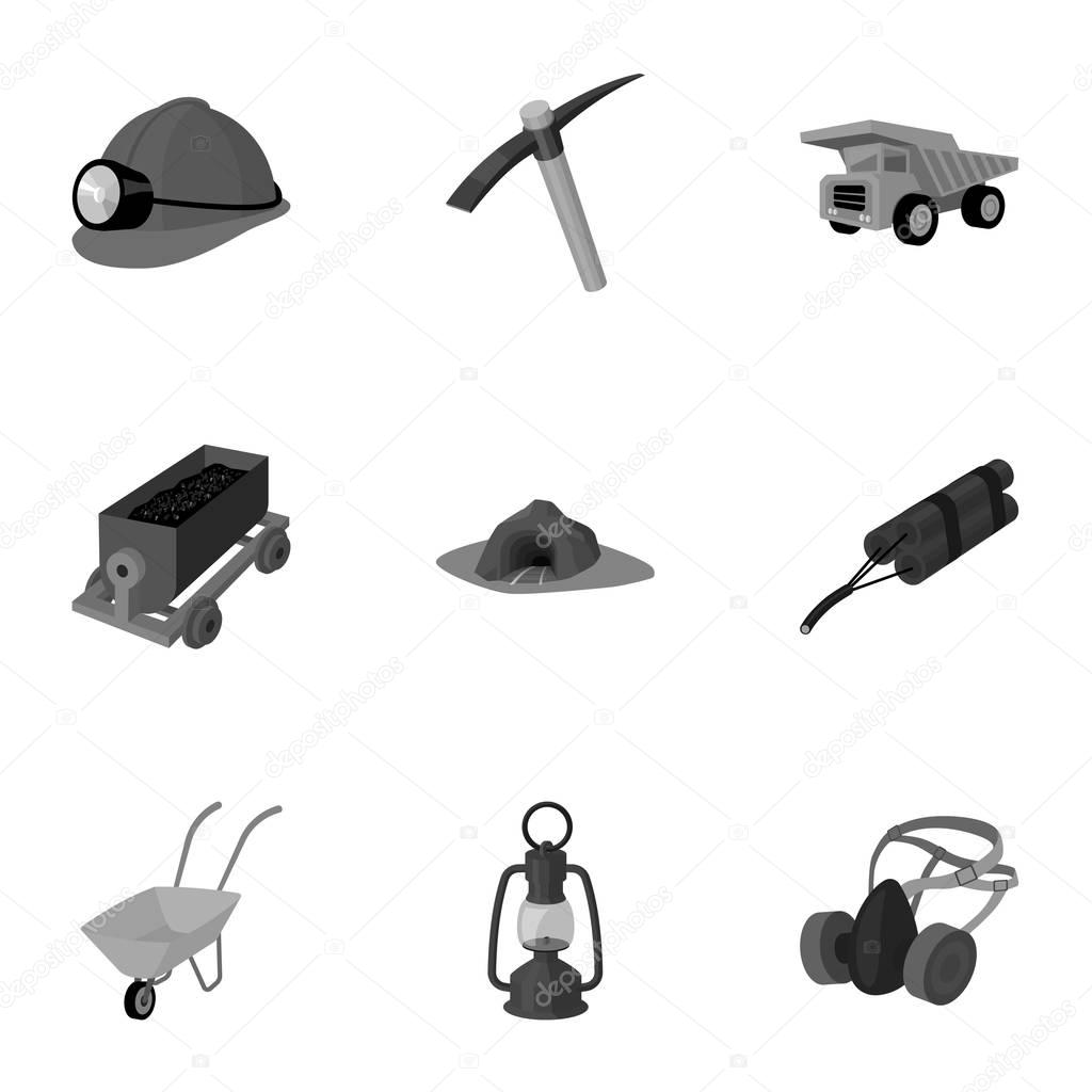 Set of icons about the mine. The extraction of coal, minerals, protection of the miners. Processing of coal.Mine industral icon in set collection on monochrome style vector symbol stock illustration.