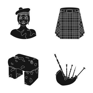 Highlander, İskoç Viking, tartan, İskoç eteği, İskoç eteği, çörek taş, ulusal müzik aleti bagpipes. İskoçya toplama simgeler siyah stil vektör simge stok çizim web içinde ayarla..