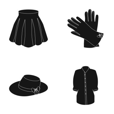 Etek kıvrımlar, deri eldiven, bir yay ile Bayan şapka, raptiye forması ile. Bayan giyim toplama simgeler siyah stil vektör simge stok çizim web içinde ayarla..