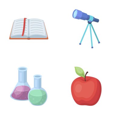 Bir yer imi, bir teleskop, şişeler ile reaktifler, Kırmızı elma ile açık bir kitap. Okul ve eğitim toplama simgeler karikatür tarzı vektör simge stok çizim web içinde ayarla.