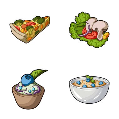 Vejetaryen pizza domates, mantar, yaban mersinli kek, vejetaryen çorba yeşillik ile marul yaprakları ile parçası. Vejetaryen yemekleri toplama simgeler karikatür tarzı vektör simge stok ayarla.