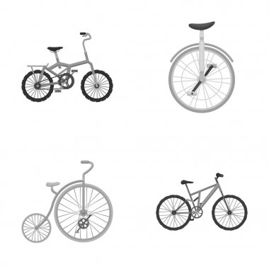 Retro, tek tekerlekli sirk bisikletine ve diğer tür. Farklı Bisiklet toplama simgeler tek renkli stil vektör simge stok çizim web içinde ayarla..