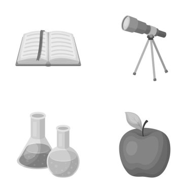 Bir yer imi, bir teleskop, şişeler ile reaktifler, Kırmızı elma ile açık bir kitap. Okul ve eğitim toplama simgeler tek renkli stil vektör simge stok çizim web ayarla.
