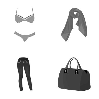 Sutyen şort, bir kadın eşarp, tozluk, kolları ile bir çanta ile. Bayan giyim koleksiyonu simgeleri tek renkli stil vektör simge stok çizim web içinde ayarla..