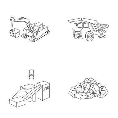 Ekskavatör, Damper, işleme tesisi, mineraller ve cevheri. Toplama simgeler anahat stili vektör simge stok çizim web içinde set madencilik sanayi.