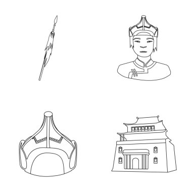 Askeri mızrak, Moğol savaşçı, kask, Bina. Moğolistan toplama simgeler anahat stili vektör simge stok çizim web içinde ayarla..