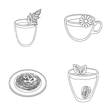 Bir cam, bir bardak papatya çayı, plaka, çilek suyu bir bardak bir yaprak lapası havuç suyu. Vejetaryen yemekleri anahat stili vektör simge stok çizimde koleksiyon Icons set 