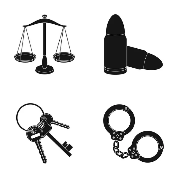 Bilance di giustizia, cartucce, un mucchio di chiavi, manette. Prison set icone di raccolta in stile nero vettoriale simbolo stock illustrazione web . — Vettoriale Stock