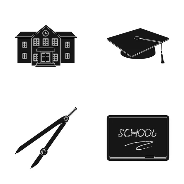 Schoolgebouw, college met windows, een Master of aanvragers hoed, kompassen voor een cirkel, een bord met een inscriptie van de school krijt. School en onderwijs ingesteld collectie iconen in vector van de zwarte stijl — Stockvector