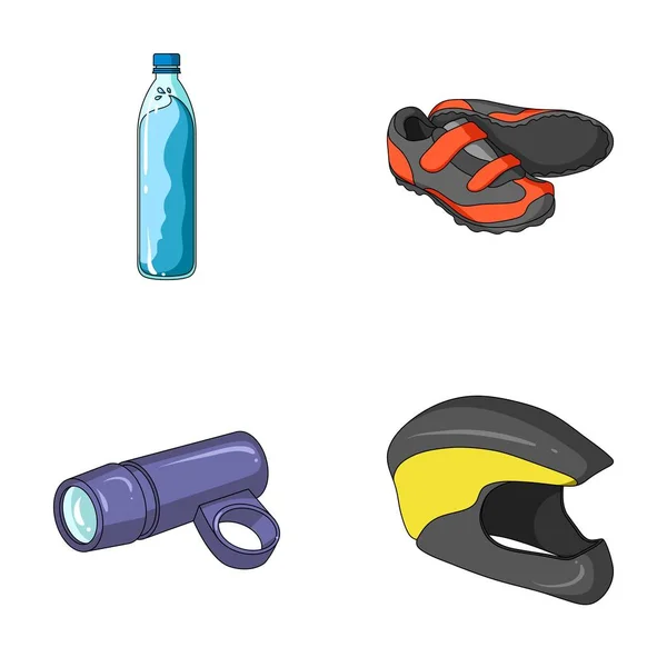 Una botella de agua, zapatillas de deporte, una linterna para una bicicleta, un casco de protección. traje de ciclista conjunto de iconos de la colección en el estilo de dibujos animados vector símbolo stock ilustración web . — Vector de stock