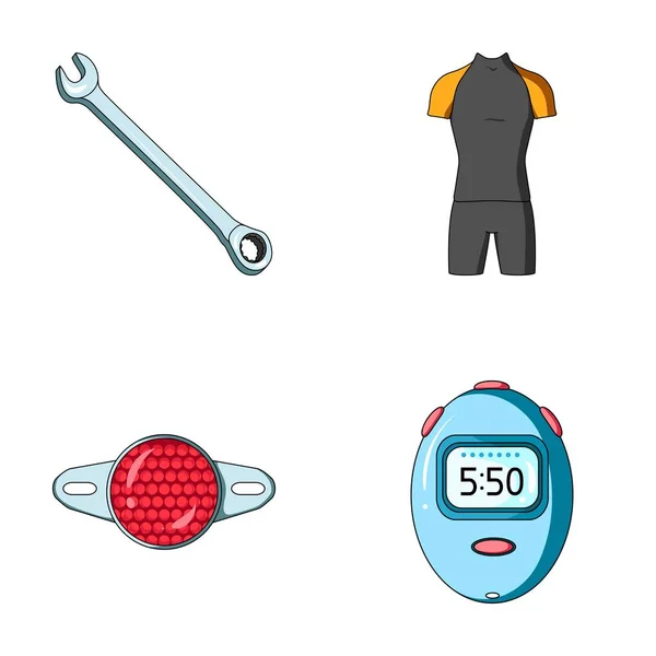 A wrench, a bicyclists bone, a reflector, a timer.Cyclist outfit set collection icons in cartoon style vector symbol stock illustration web. — Stock Vector