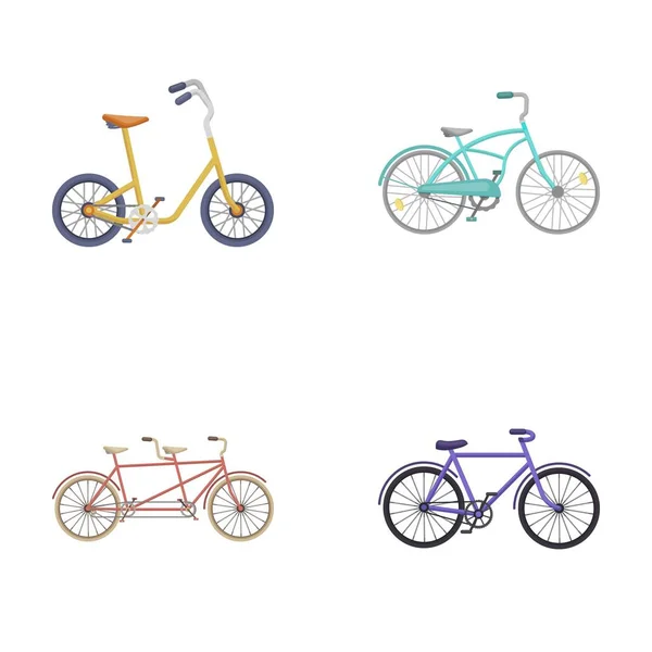 어린이 자전거, 이중 탠덤 및 다른 형식 다른 자전거 만화 스타일 벡터 기호 재고 일러스트 웹 컬렉션 아이콘 설정. — 스톡 벡터