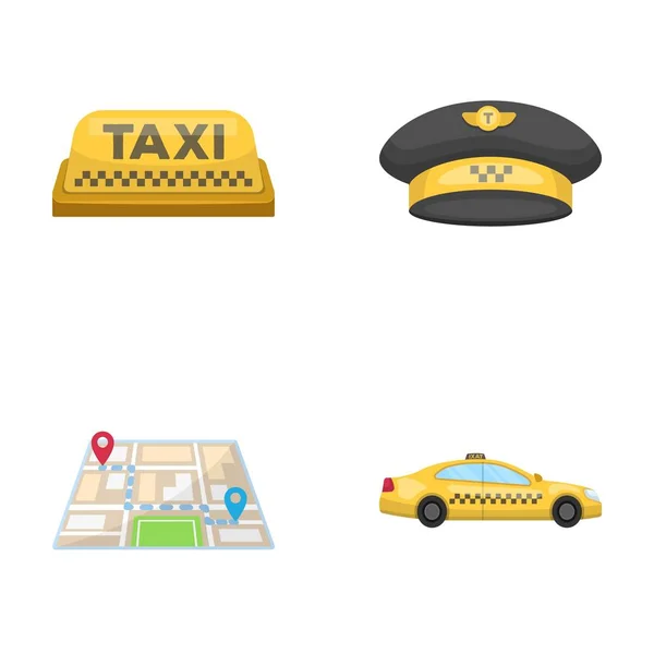 Inscripción amarilla del taxi, una gorra con una placa de taxi, un mapa con una marca, un coche con damas. Taxi set colección iconos en el estilo de dibujos animados vector símbolo stock ilustración web . — Vector de stock
