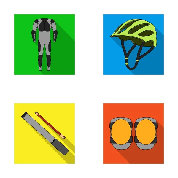 Full-body suit for the rider, helmet, pump with a hose, knee protectors.Cyclist outfit set collection icons in flat style vector symbol stock illustration web. — Stock Vector