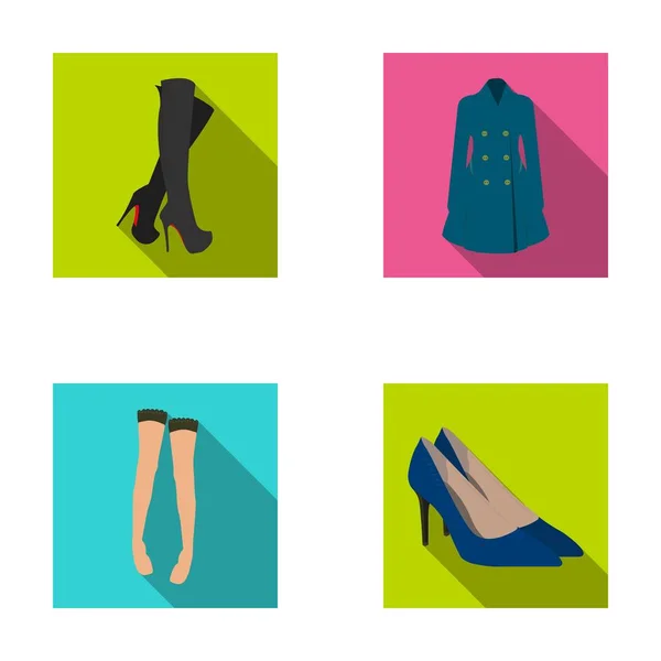 Damenstiefel, Mäntel auf Knöpfen, Strümpfe mit Gummiband mit Muster, hochhackige Schuhe. Damenbekleidung Set Sammlung Symbole im flachen Stil Vektor Symbol Stock Illustration Web. — Stockvektor