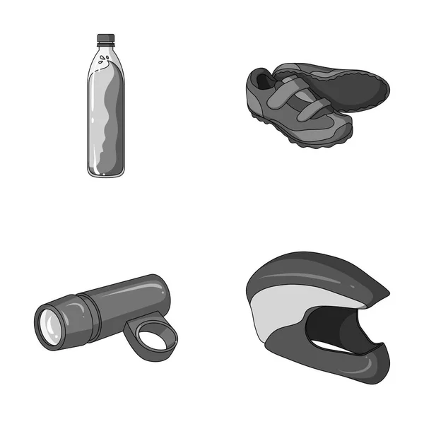 Een fles water, sneakers, een zaklamp voor een fiets, een beschermende helm. Fietser outfit instellen collectie iconen in zwart-wit stijl vector symbool stock illustratie web. — Stockvector