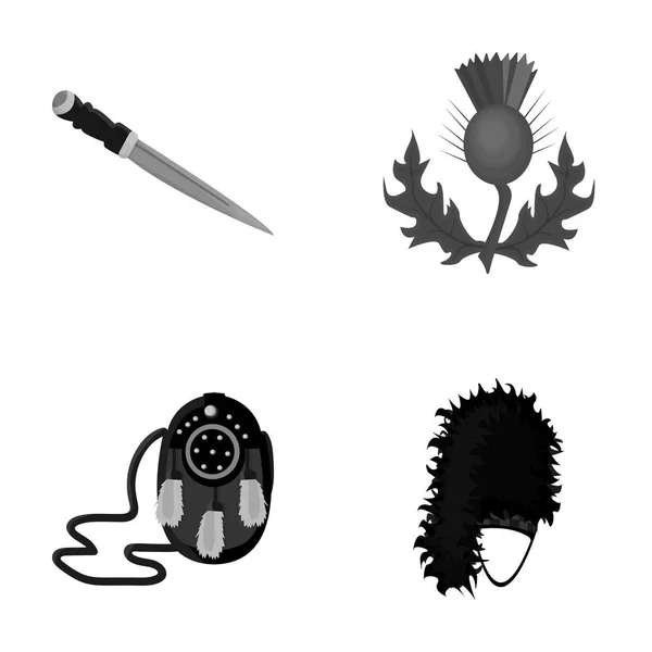 Nationale Dirk Dagger, Thistle nationaal symbool, Sporran, glengarry. Schotland instellen collectie iconen in zwart-wit stijl vector symbool stock illustratie web. — Stockvector