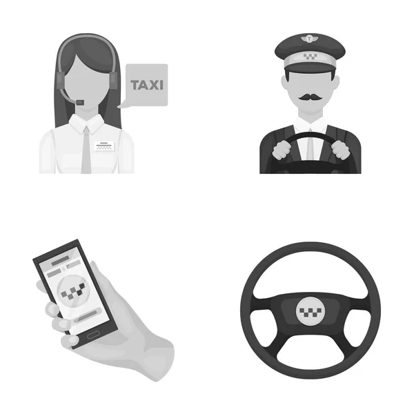 Un taxista con un micrófono, un taxista al volante, un teléfono celular con un número, un volante de coche. Taxi set colección iconos en el estilo monocromo vector símbolo stock ilustración web . — Vector de stock