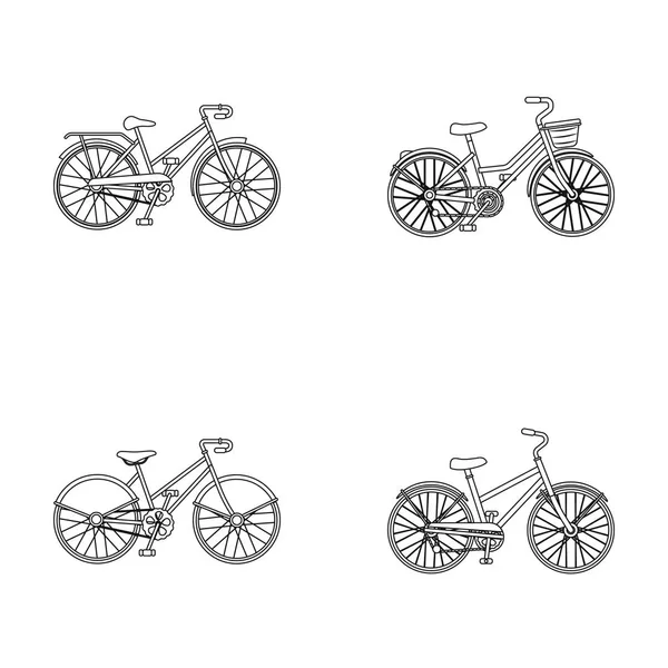 스포츠 자전거 그리고 다른 종류입니다. 다른 자전거에 개요 스타일 벡터 기호 재고 일러스트 웹 컬렉션 아이콘 설정. — 스톡 벡터