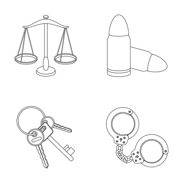 Scales of justice, cartridges, a bunch of keys, handcuffs.Prison set collection icons in outline style vector symbol stock illustration web. — Stock Vector