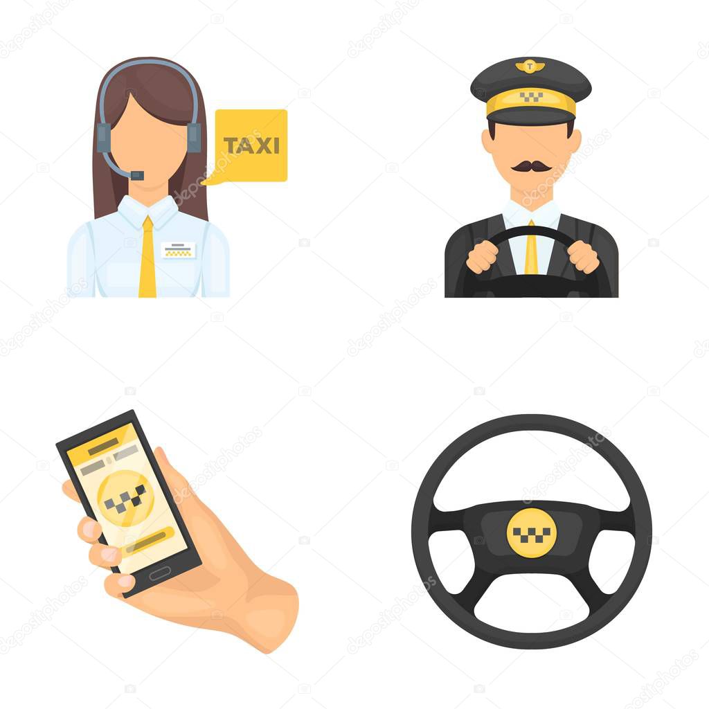 A taxi driver with a microphone, a taxi driver at the wheel, a cell phone with a number, a car steering wheel. Taxi set collection icons in cartoon style vector symbol stock illustration .