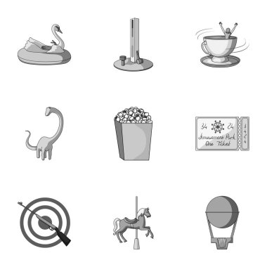 Eğlence parkı ile gidiyor. Bir eğlence parkı, panik odası, pamuk şeker öznitelikleri. Tek renkli stil vektör simge stok çizim üzerinde küme koleksiyon simgesinde eğlence parkı.