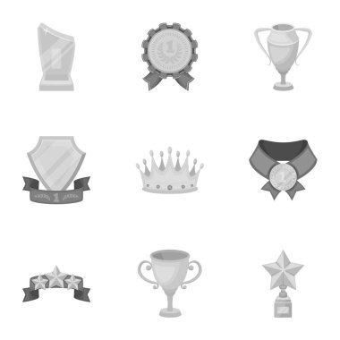 Ödülleri, altın madalya ve kupaları yarışmalar ve yarışmalarda ödül olarak. Tek renkli stil vektör simge stok çizim üzerinde küme koleksiyon kupalar ve ödüller simgesini.