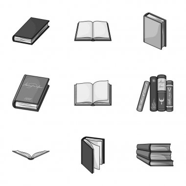 Bir dizi fotoğraf kitap ile. Kitap, defter, çalışmalar. Tek renkli stil vektör simge stok çizim üzerinde küme koleksiyon kitap simgesini.