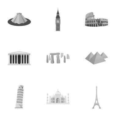 Dünya ülkelerinin görülecek. Ünlü binalar ve anıtlar, farklı ülkeler ve şehirler. Tek renkli stil vektör simge stok çizim üzerinde küme koleksiyon simgesinde ülkeler.