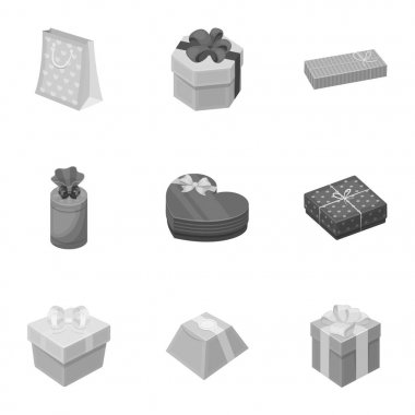 Bir dizi fotoğraf hediyeler. Farklı tatil, sürpriz hediyeler. Hediye paketleme. Hediyeler ve sertifika simge tek renkli Stil kümesi koleksiyonundaki sembol stok illüstrasyon vektör.