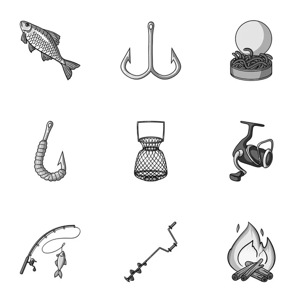 Pesca de verano e invierno, recreación al aire libre, pesca, peces.Icono de pesca en colección conjunto en el estilo monocromo vector símbolo stock illustration . — Vector de stock