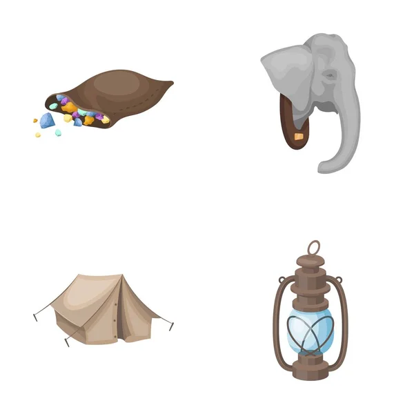 A bag of diamonds, an elephants head, a kerosene lamp, a tent. African safari set collection icons in cartoon style vector symbol stock illustration web. — Stock Vector