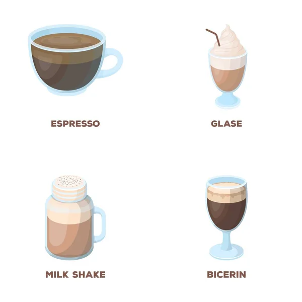 Esprecco, glase, milk shake, bicerin.Different types of coffee set collection icons in cartoon style vector symbol stock illustration web. — Stock Vector