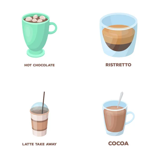 Ristretto, горячий шоколад, латте take-away.Different типов иконки набор кофе в стиле мультфильма векторные символы фондового иллюстрации веб . — стоковый вектор