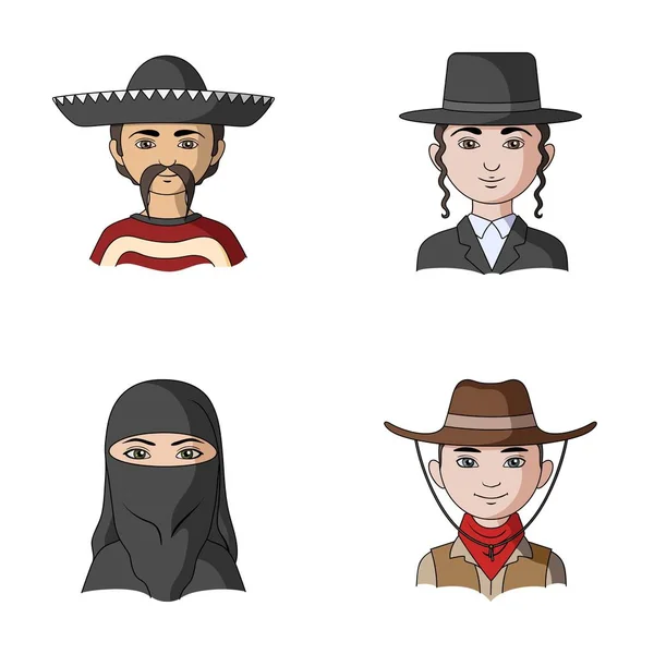 Um mexicano, um judeu, uma mulher do Médio Oriente, um americano. A raça humana conjunto coleção ícones em desenho animado estilo vetor símbolo estoque ilustração web . —  Vetores de Stock