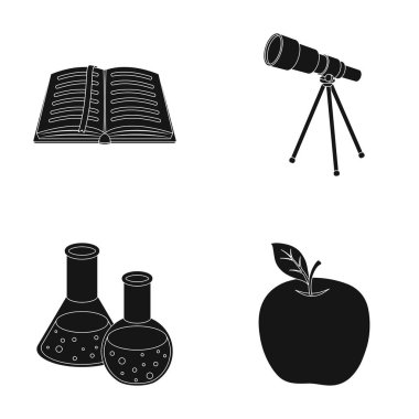 Bir yer imi, bir teleskop, şişeler ile reaktifler, Kırmızı elma ile açık bir kitap. Okul ve eğitim toplama simgeler siyah stil vektör simge stok çizim web ayarla.