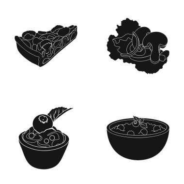 Vejetaryen pizza domates, mantar, yaban mersinli kek, vejetaryen çorba yeşillik ile marul yaprakları ile parçası. Vejetaryen yemekleri toplama simgeler siyah stil vektör simge stok ayarla.