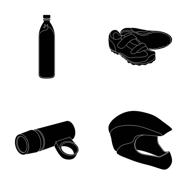 Una botella de agua, zapatillas de deporte, una linterna para una bicicleta, un casco de protección. traje de ciclista conjunto de iconos de la colección en negro símbolo de vector de estilo stock ilustración web . — Vector de stock