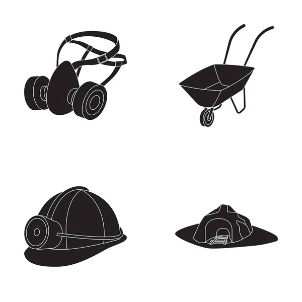 Headphones and raspirator, wheelbarrow, helmet with a lantern, the entrance to the mine.Mining industry set collection icons in black style vector symbol stock illustration web. — Stock Vector