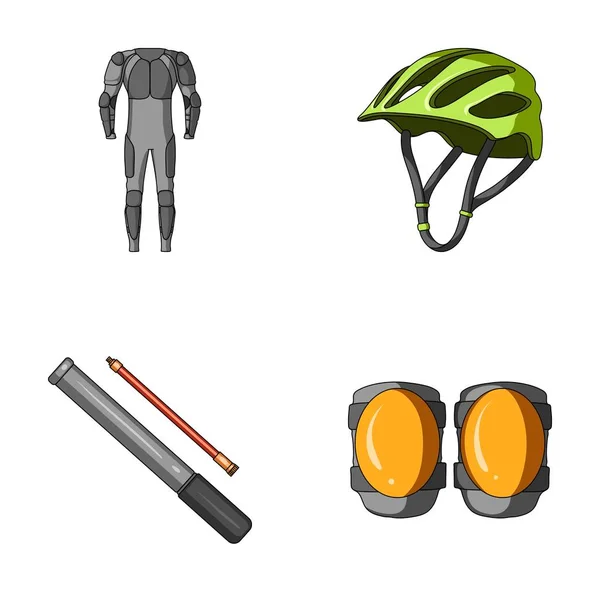 Traje de cuerpo completo para el jinete, casco, bomba con una manguera, protectores de rodilla.Equipo de ciclista conjunto de iconos de la colección en el estilo de dibujos animados vector símbolo stock illustration web . — Archivo Imágenes Vectoriales